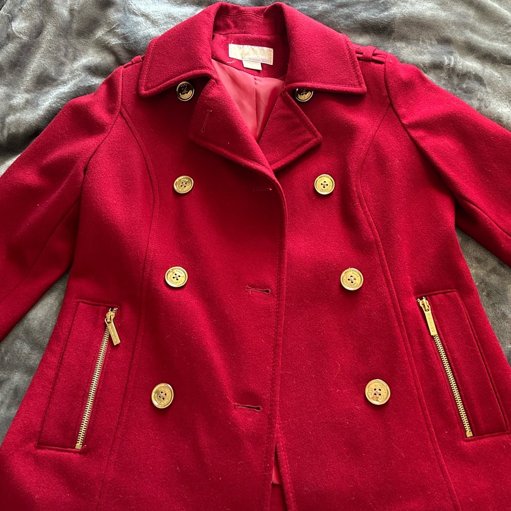 Michael Kors Red Pea Coat with Gold Buttons